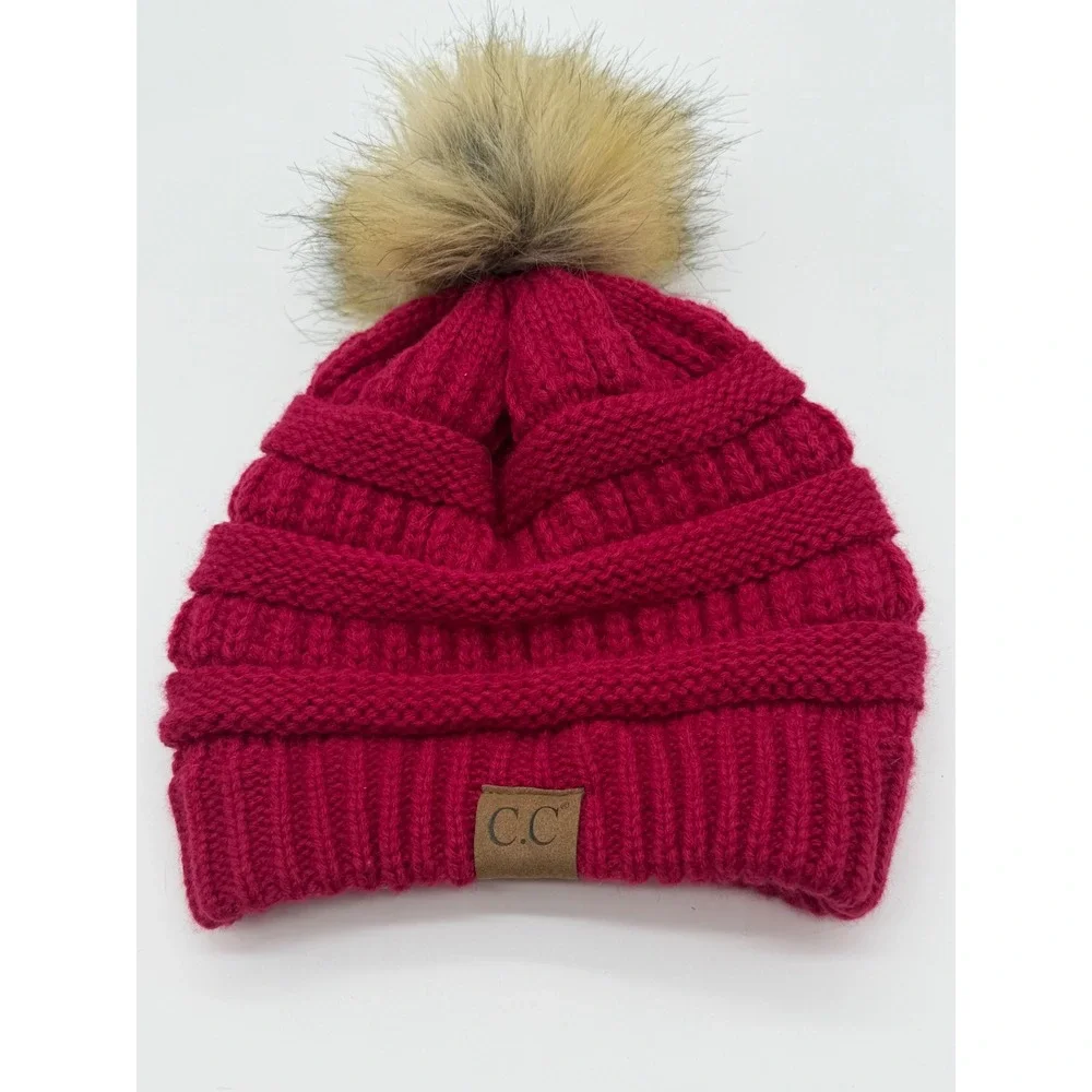 C.C Beanie Magenta Pink Cable Knit Winter Hat‎ with Faux Fur Pom Pom Womens